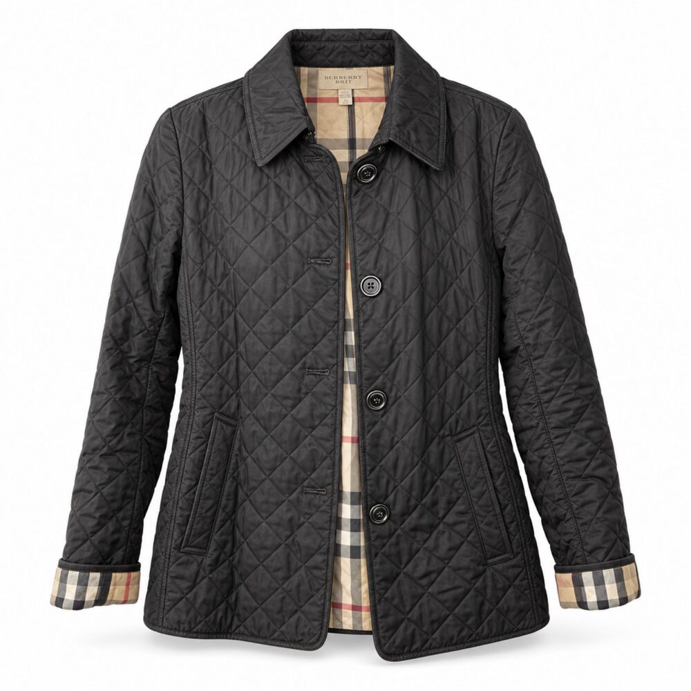 Burberry Brit Quilted Jacket Black Nova Check Lined Diamond Quilt Coat Size L